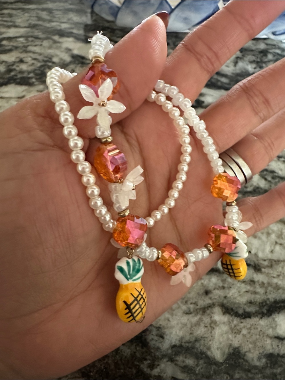 Pearl Beaded Pineapple Charm Bracelet - Orange & White